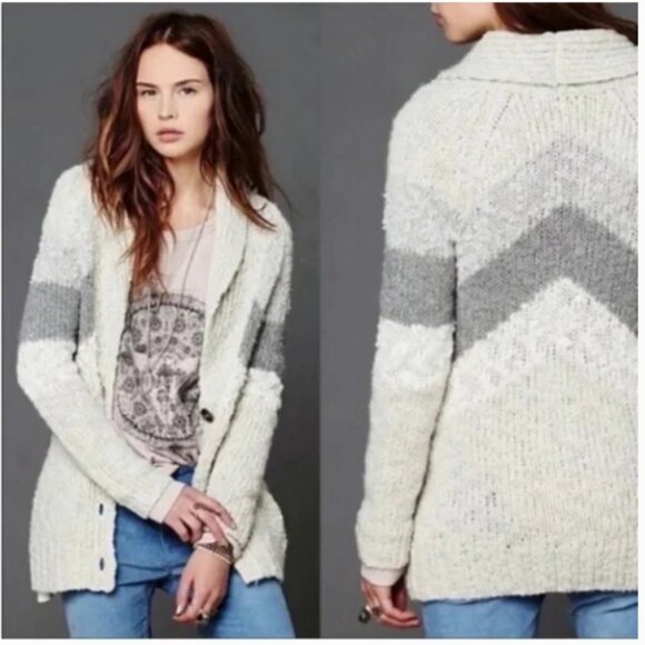 FREE PEOPLE GONE ASKEW STRIPE CABLE KNIT BUTTON UP V-NECK CARDIGAN GRAY XS - Picture 1 of 11